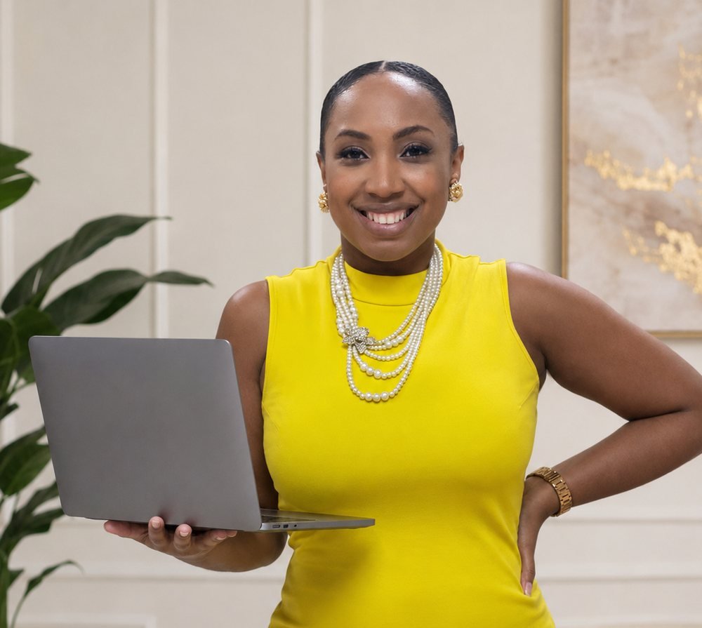 Hanniffa Samantha, AI for Everyone workshop instructor, in a yellow dress holding a laptop